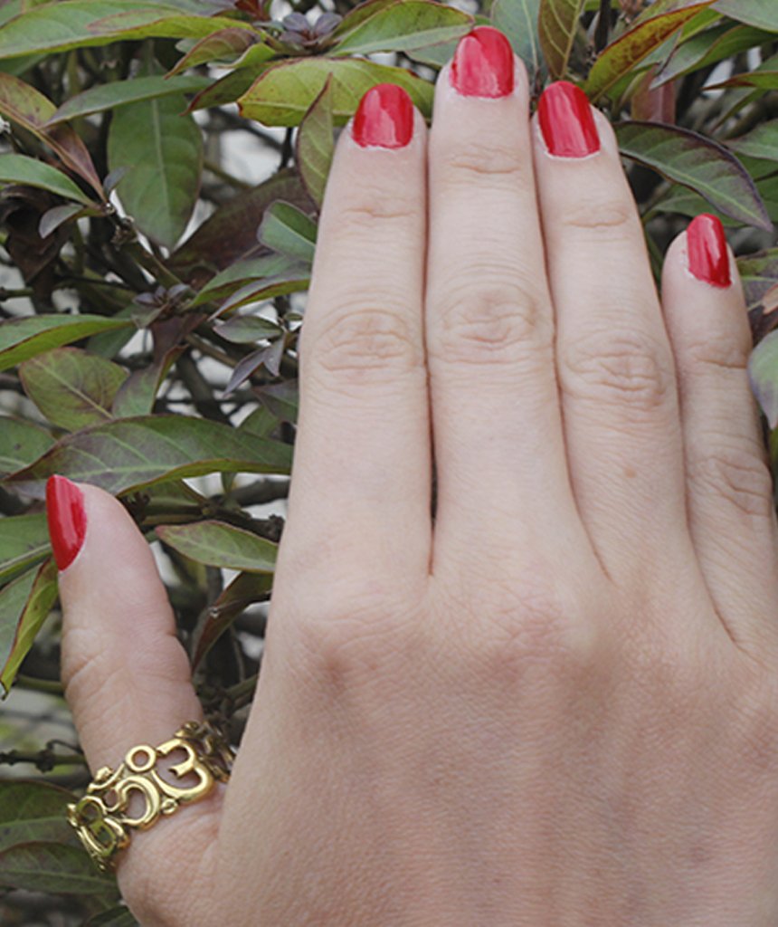 Handmade OM Ring featuring the sacred Om symbol etched in brass, perfect for sensitive skin.