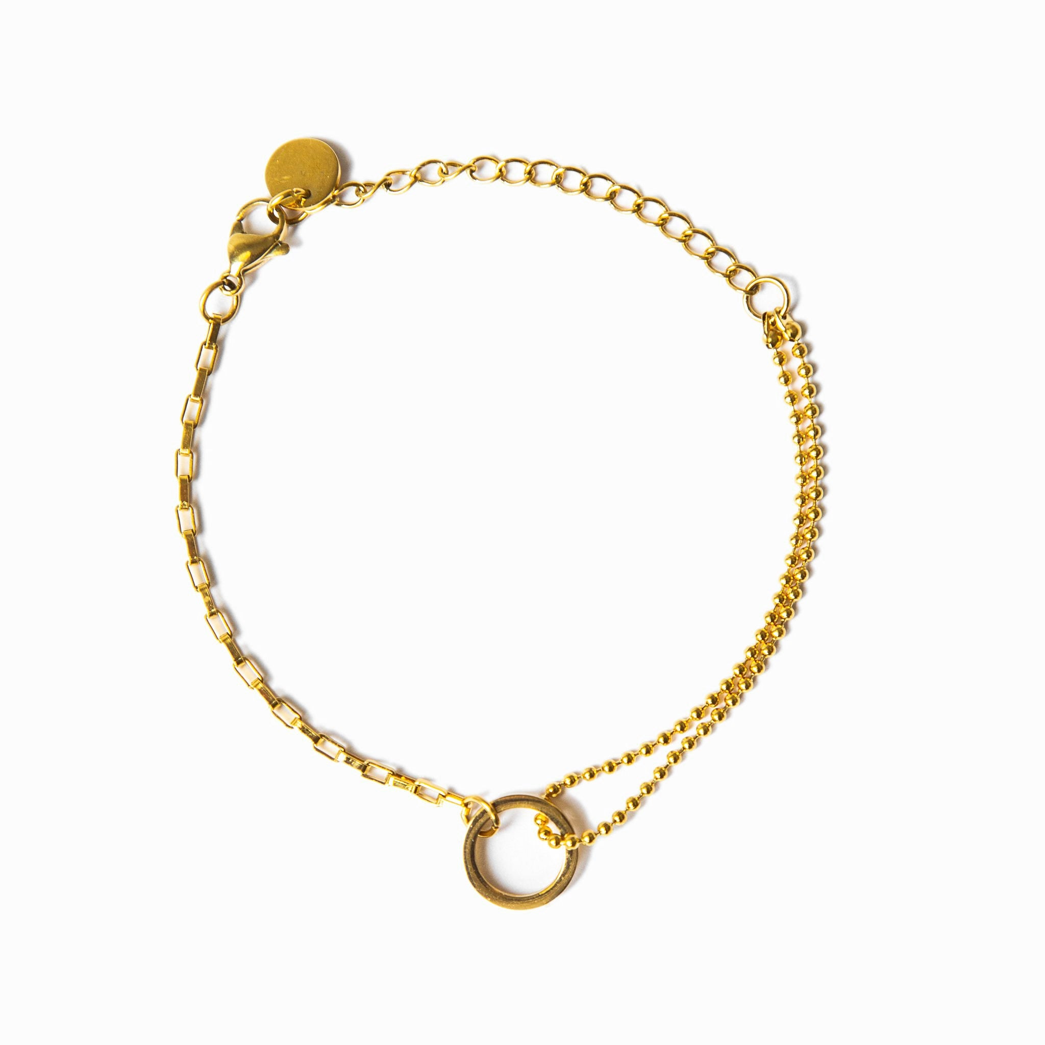 Omaima bracelet featuring 3 layers of premium plating and 316L stainless steel, adjustable length with extender.