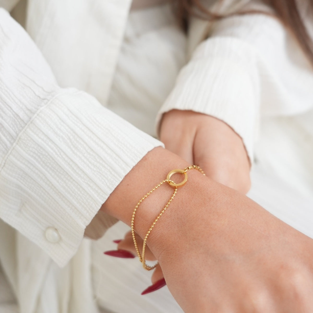 Omaima bracelet featuring 3 layers of premium plating and 316L stainless steel, adjustable length with extender.