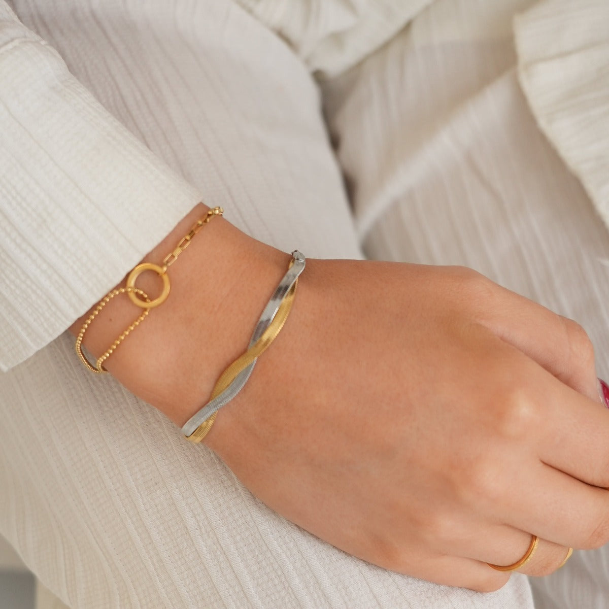 Omaima bracelet featuring 3 layers of premium plating and 316L stainless steel, adjustable length with extender.