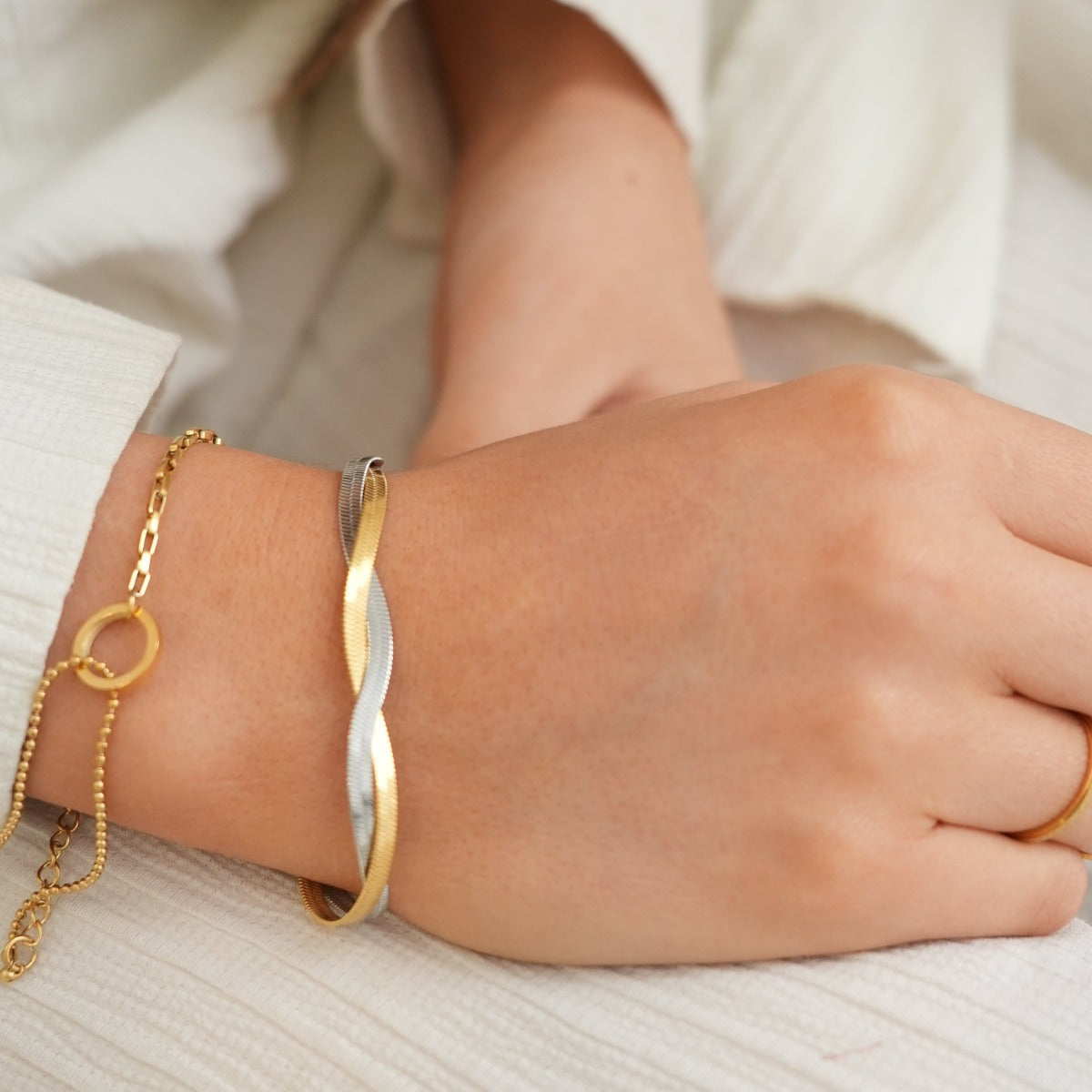 Omaima bracelet featuring 3 layers of premium plating and 316L stainless steel, adjustable length with extender.