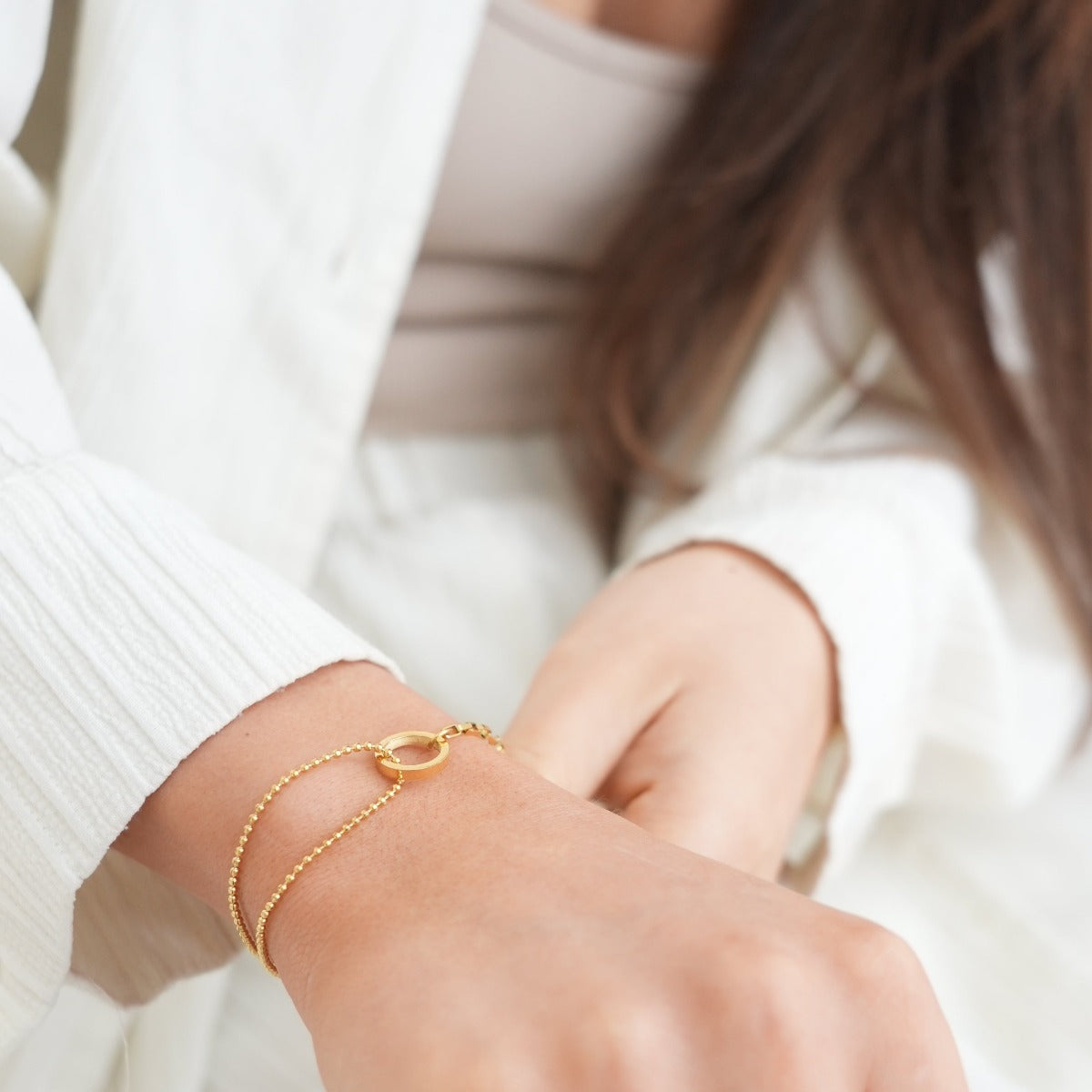 Omaima bracelet featuring 3 layers of premium plating and 316L stainless steel, adjustable length with extender.