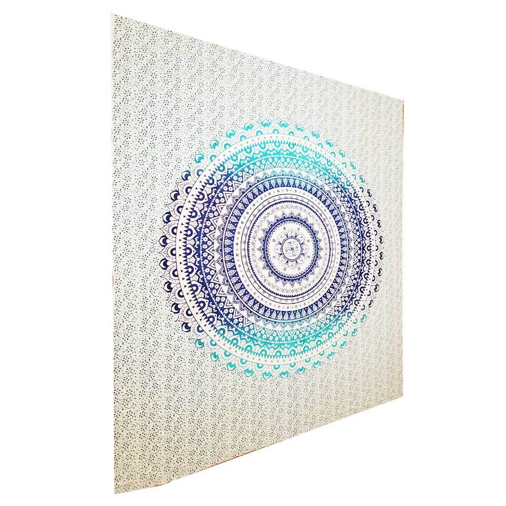 A large, handmade ombre tapestry featuring a gradient color scheme from light to dark, perfect for wall decoration.