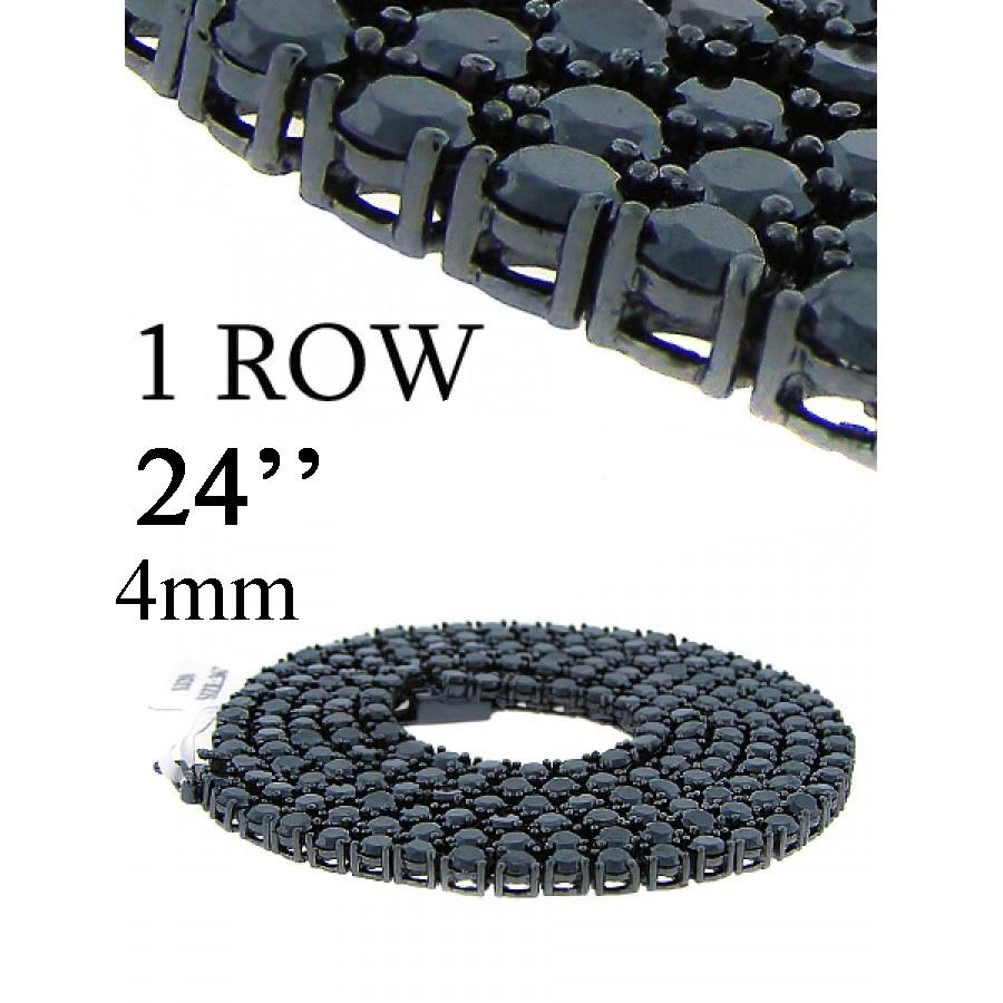 One Row Cz Chain in Black Color, 24 inches long and 4mm wide, featuring sparkling cubic zirconia stones.