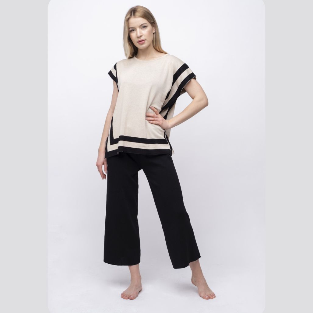 O-Neck Short Sleeve Loose Square Co-ord Set featuring an off-white top with black border and black wide-leg pants, perfect for casual wear.