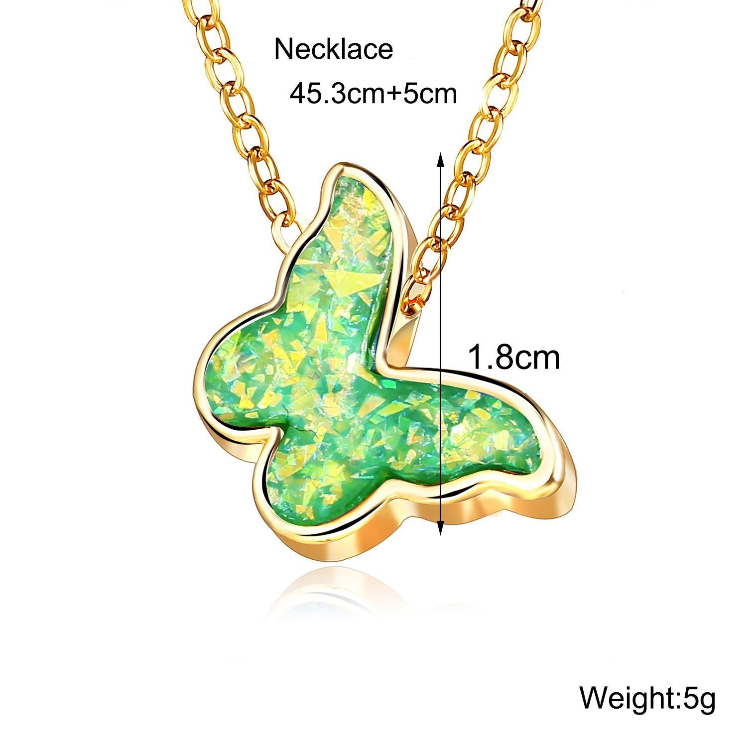 Opal Created Butterfly-Green 18K Gold Plated Necklace featuring a delicate link chain and lobster clasp, elegantly designed for comfort and style.