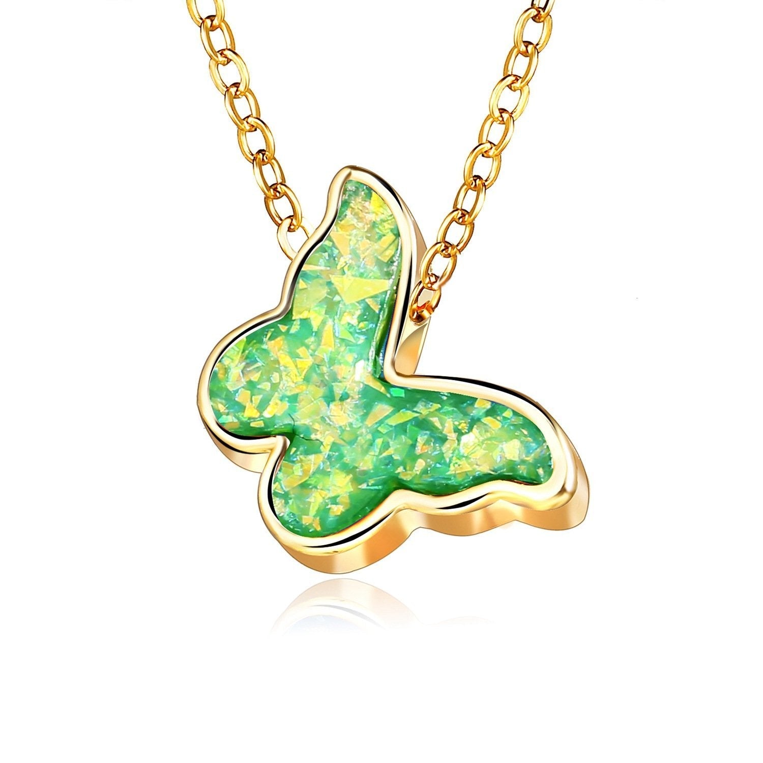 Opal Created Butterfly-Green 18K Gold Plated Necklace featuring a delicate link chain and lobster clasp, elegantly designed for comfort and style.