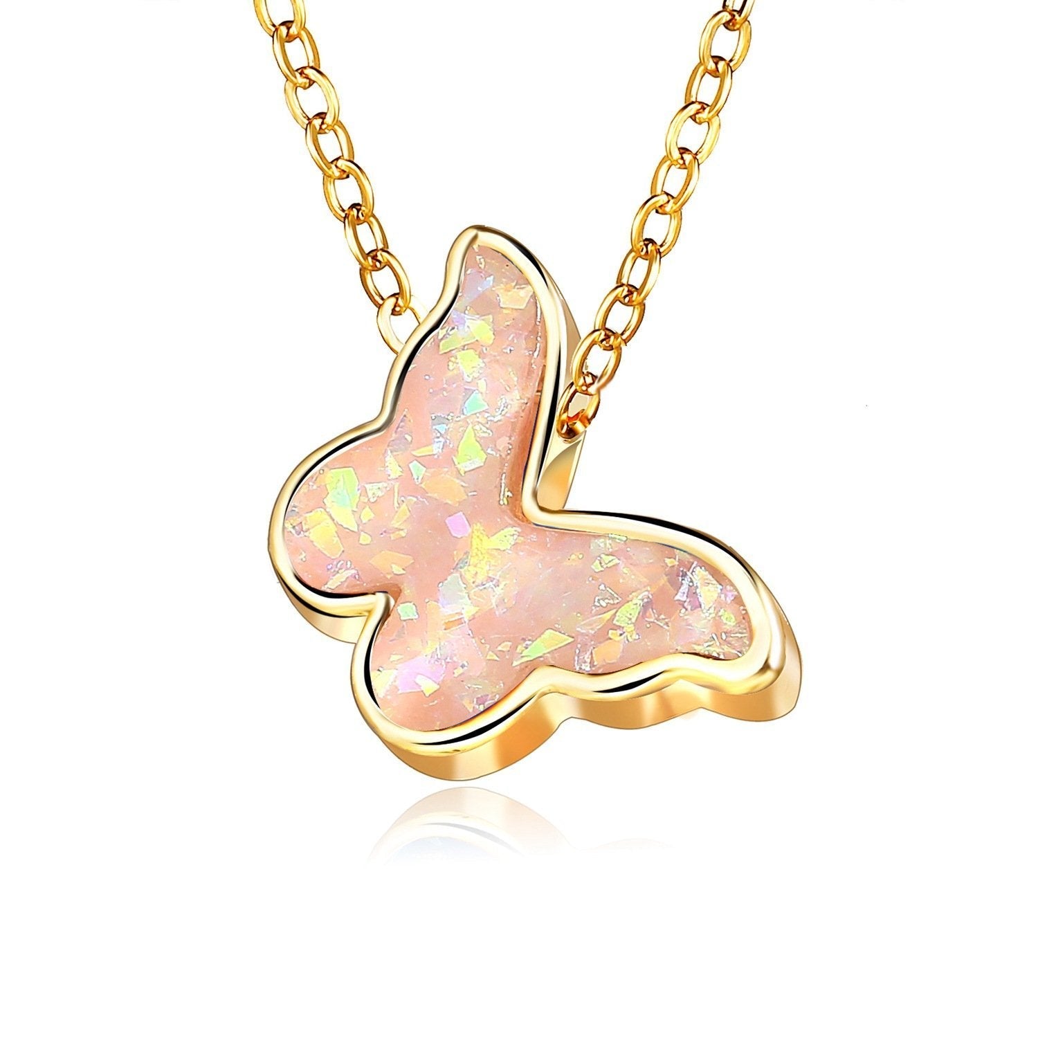 Opal Created Butterfly-Pink 18K Gold Plated Necklace featuring a delicate link chain and lobster clasp, showcasing its elegant design.