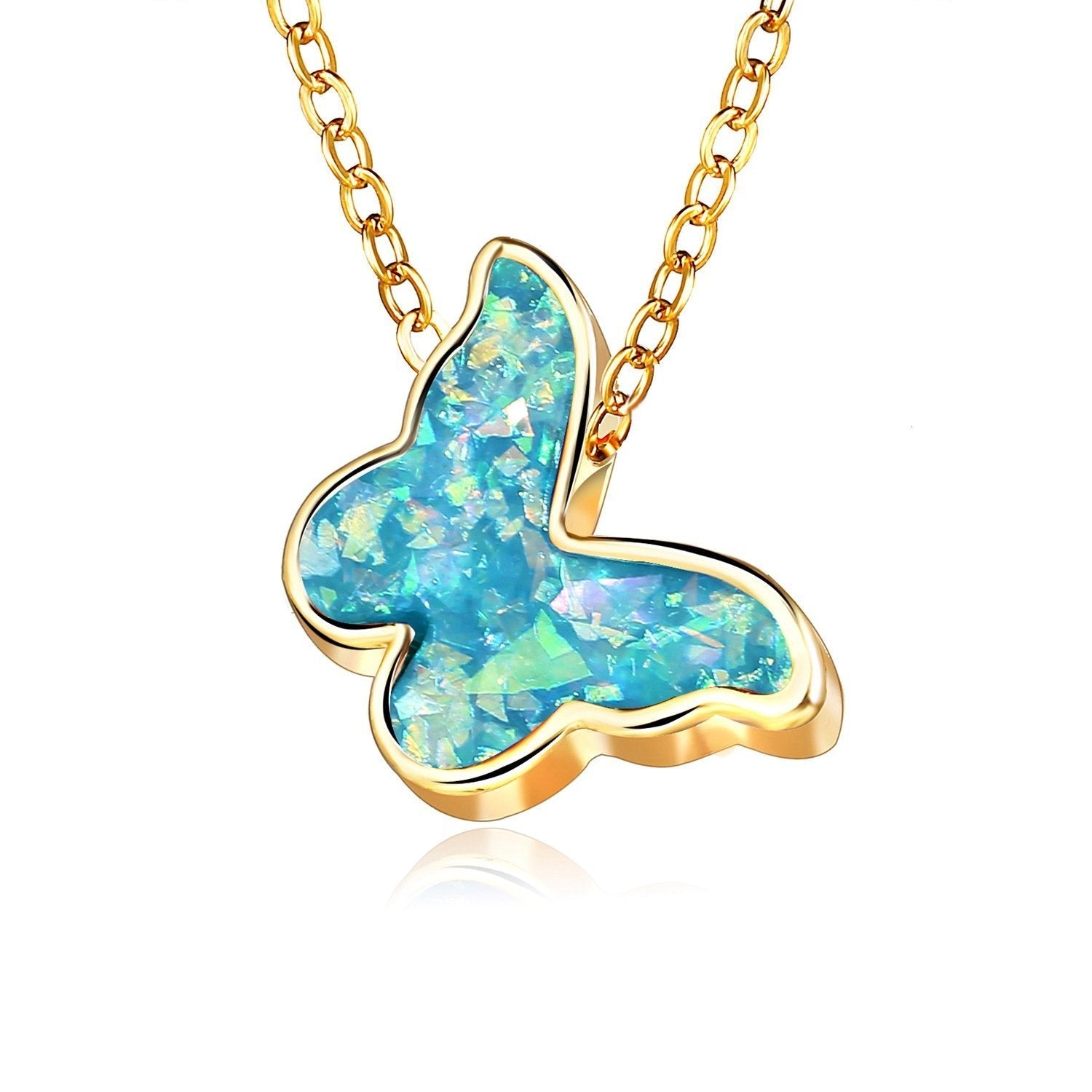 Opal Created Butterfly-Turquoise Necklace with 18K Gold Plating, featuring a delicate butterfly design and a link chain.