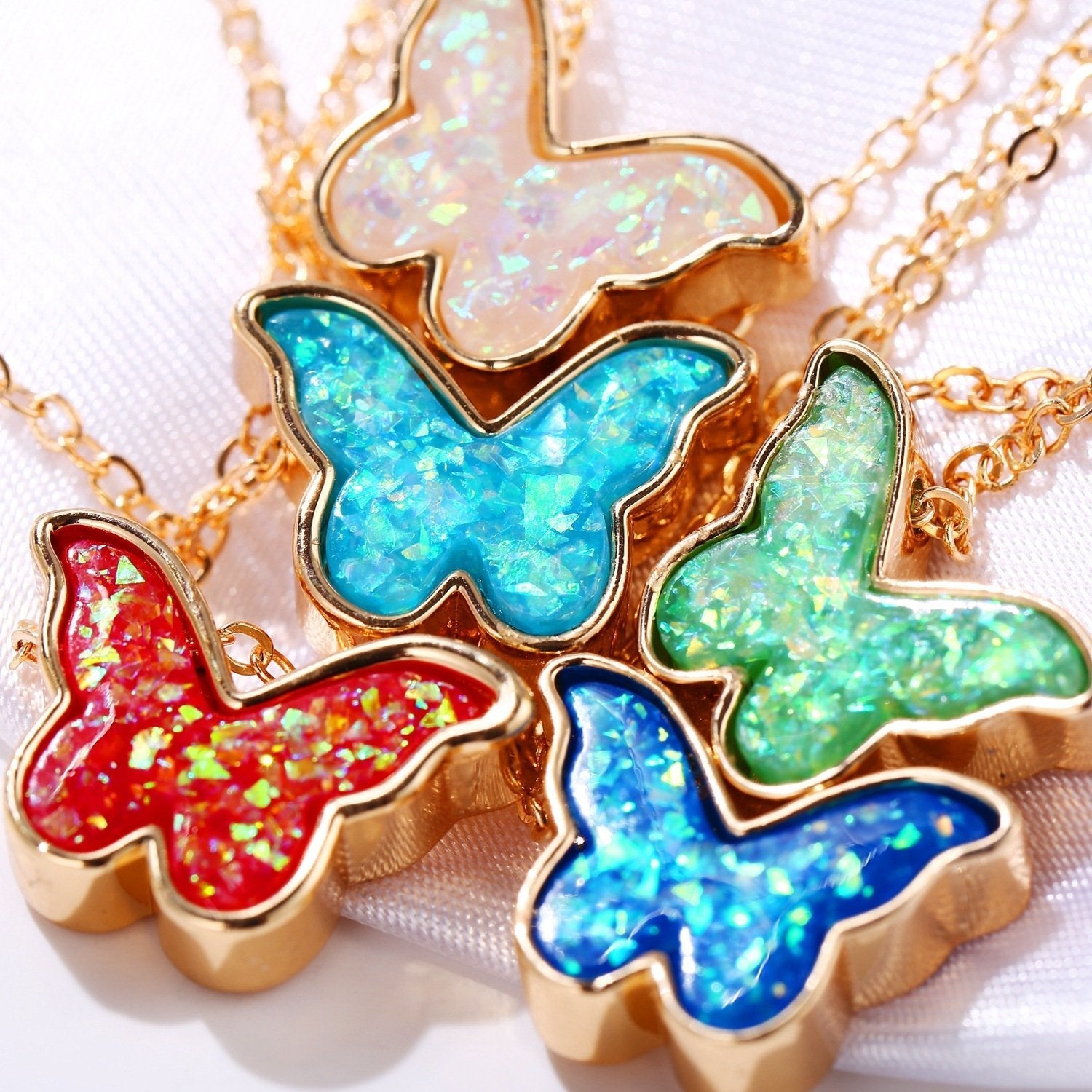 Opal Created Butterfly-Turquoise Necklace with 18K Gold Plating, featuring a delicate butterfly design and a link chain.