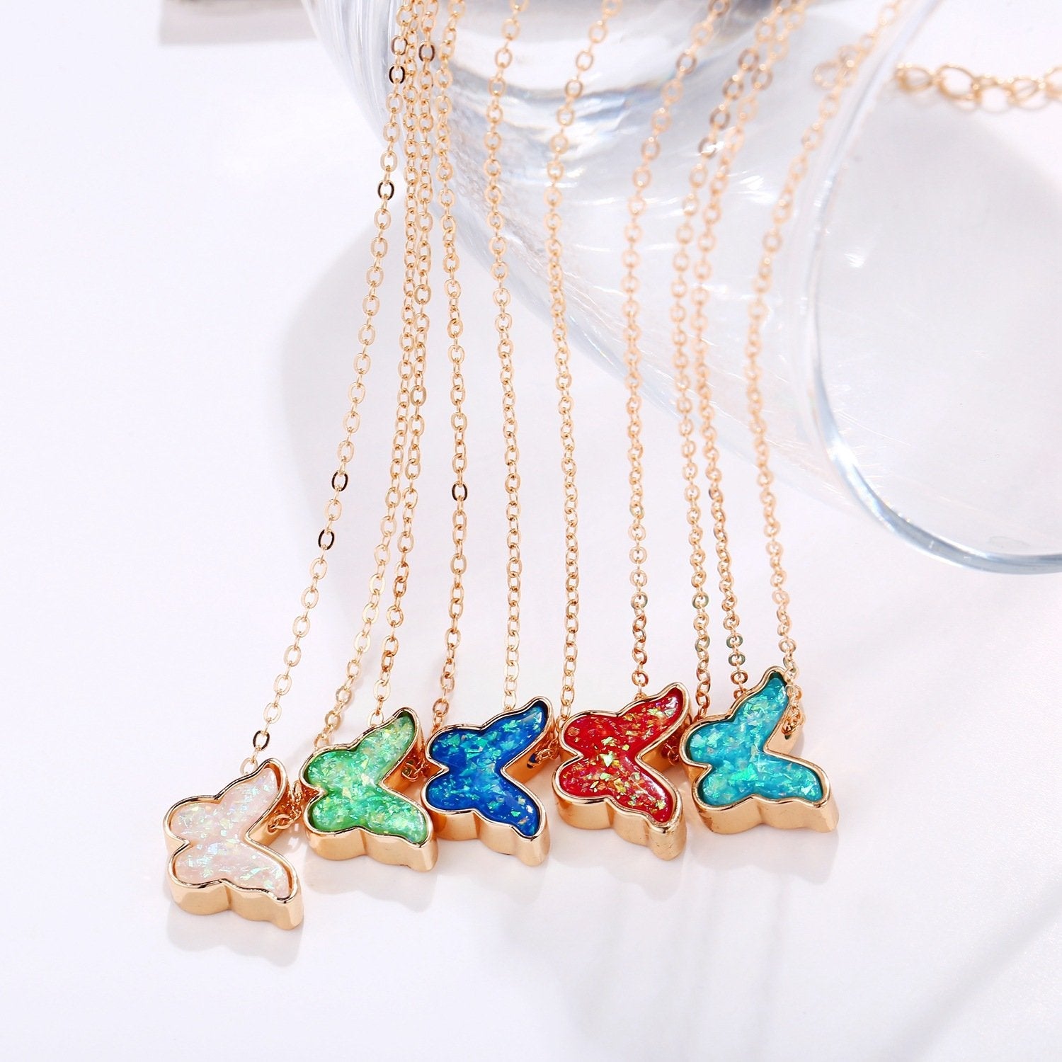 Opal Created Butterfly-Turquoise Necklace with 18K Gold Plating, featuring a delicate butterfly design and a link chain.