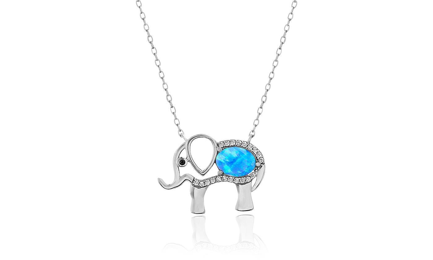 Opal Created Elephant Necklace with Crystals in White Gold, featuring a delicate elephant design and sparkling gemstones.