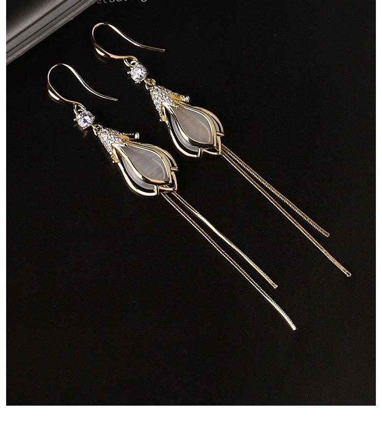 Elegant Opal Flower Bud Earrings with Tassels, featuring rhinestones and a delicate design.