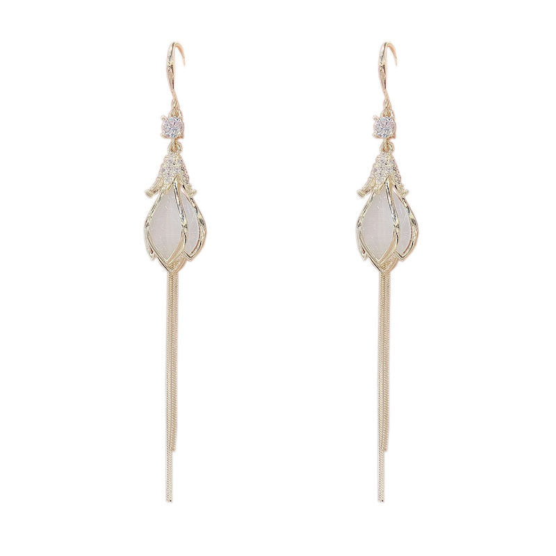 Elegant Opal Flower Bud Earrings with Tassels, featuring rhinestones and a delicate design.