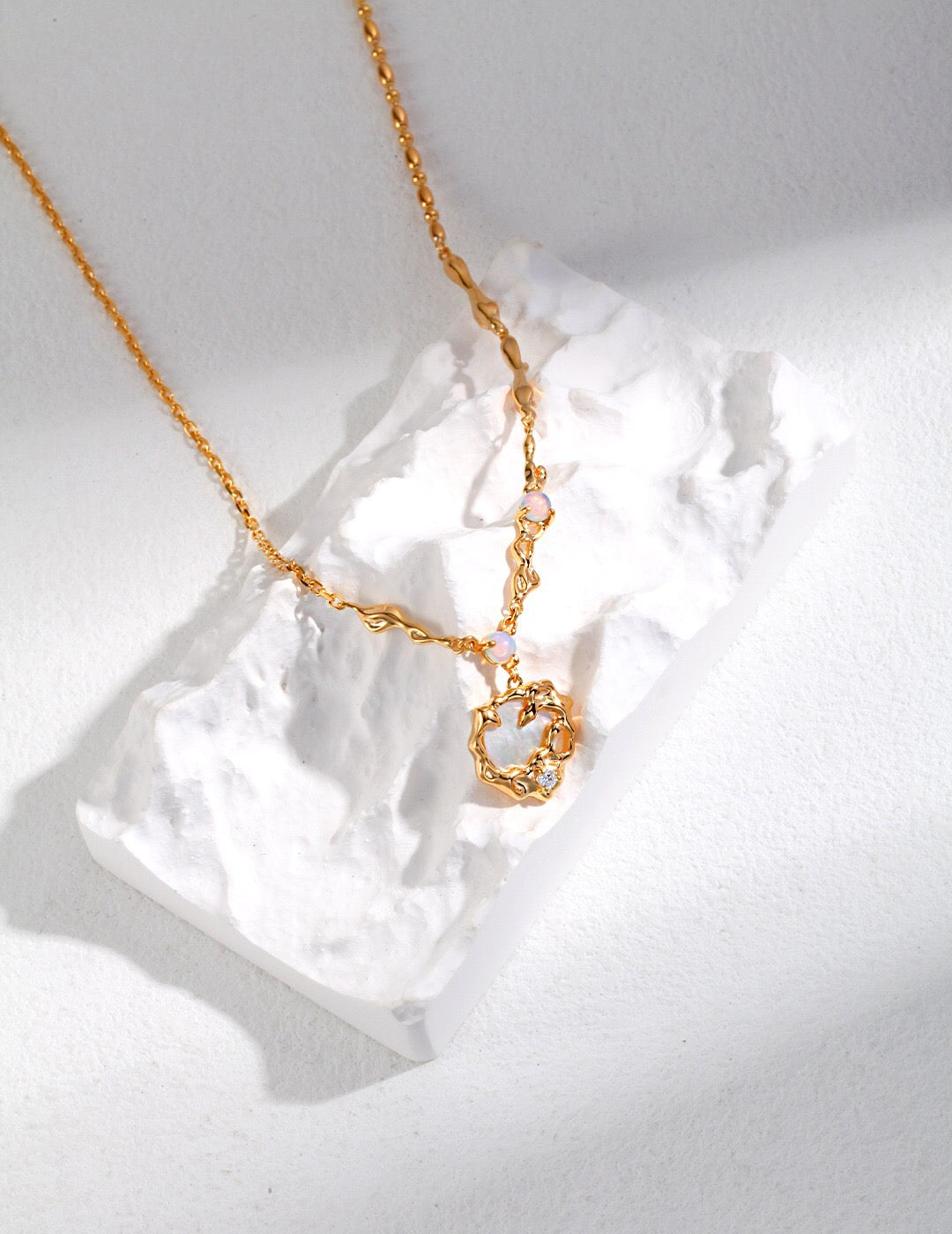 Opal Moon with Mother of Pearl Pendant Necklace featuring gold vermeil chain and elegant celestial design.