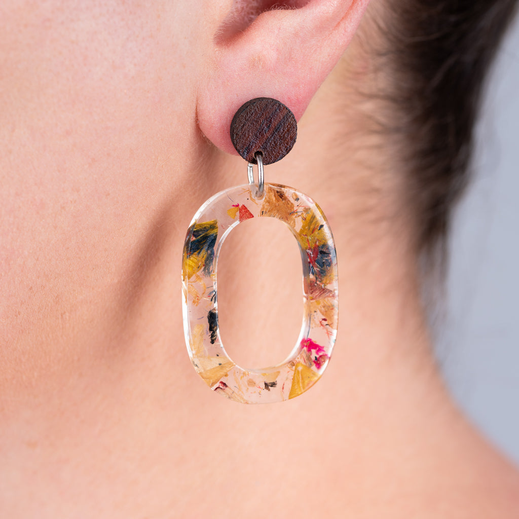 Colorful Opal Statement Resin Earrings made from recycled wood shavings and plant resin, showcasing unique patterns and eco-friendly design.