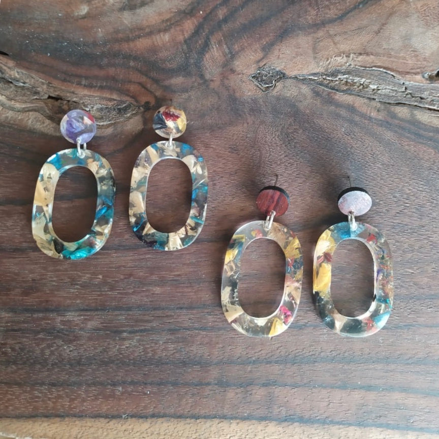 Colorful Opal Statement Resin Earrings made from recycled wood shavings and plant resin, showcasing unique patterns and eco-friendly design.