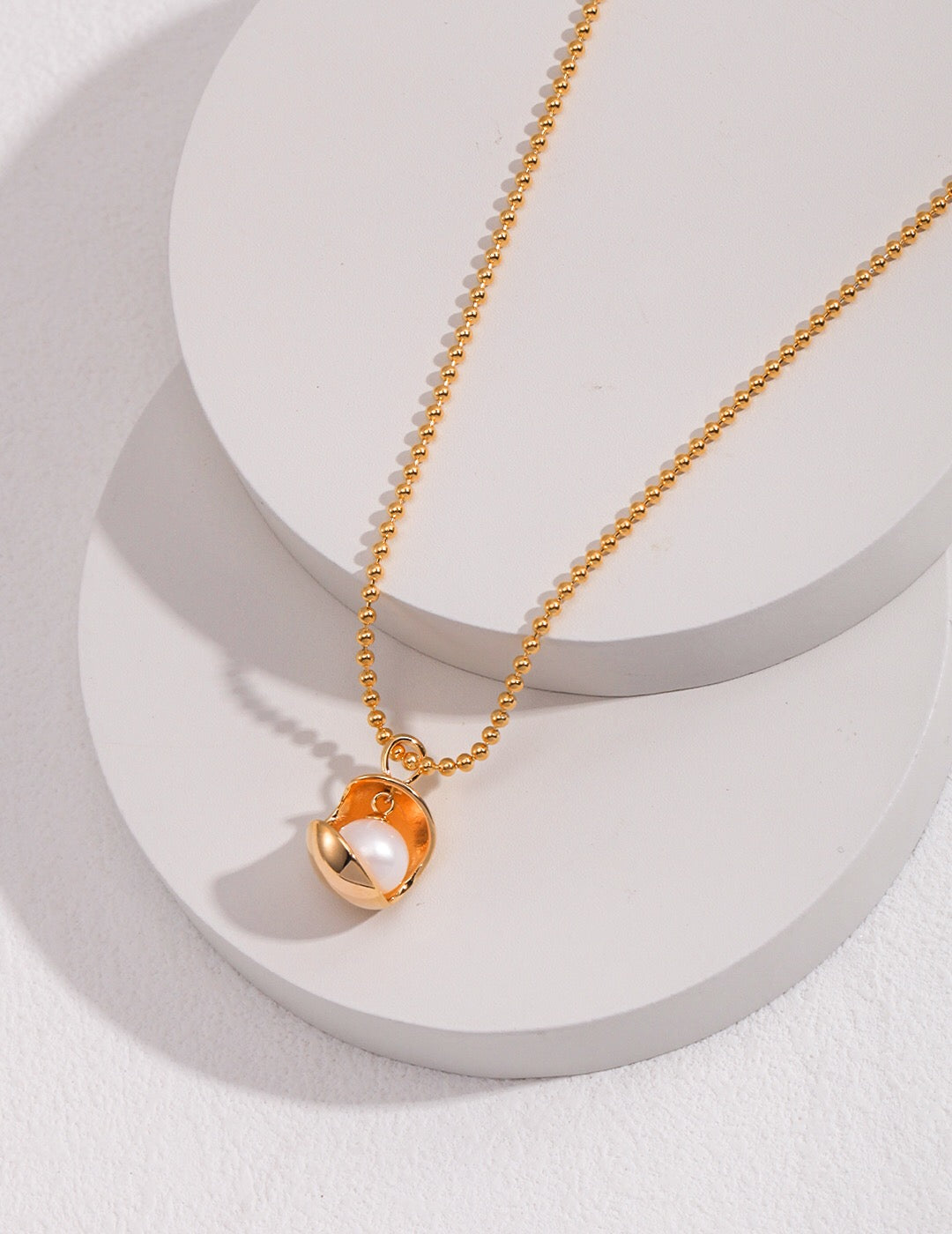 Open Ball Pearl Bead Necklace featuring natural pearls and gold vermeil chain, elegantly handcrafted for a luxurious look.