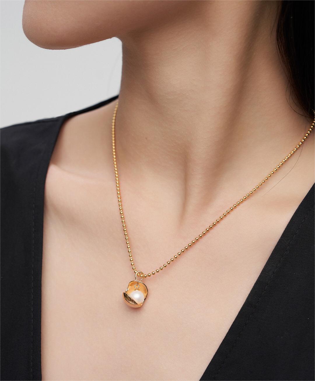 Open Ball Pearl Bead Necklace featuring natural pearls and gold vermeil chain, elegantly handcrafted for a luxurious look.