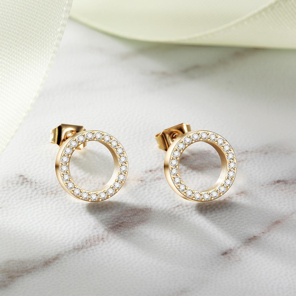 Elegant Open Circle CZ Studs made of stainless steel with gold plating, featuring sparkling cubic zirconia stones.