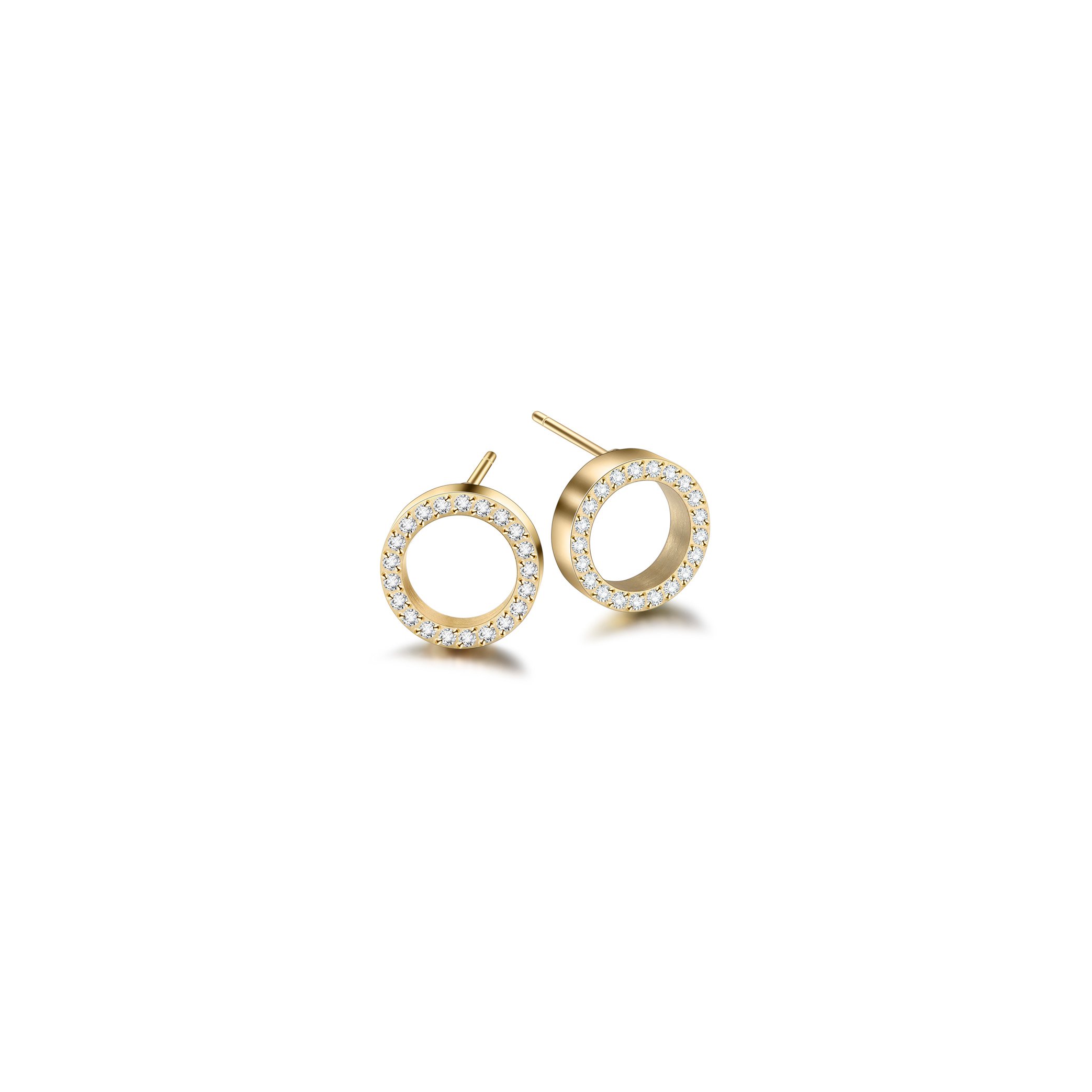 Elegant Open Circle CZ Studs made of stainless steel with gold plating, featuring sparkling cubic zirconia stones.