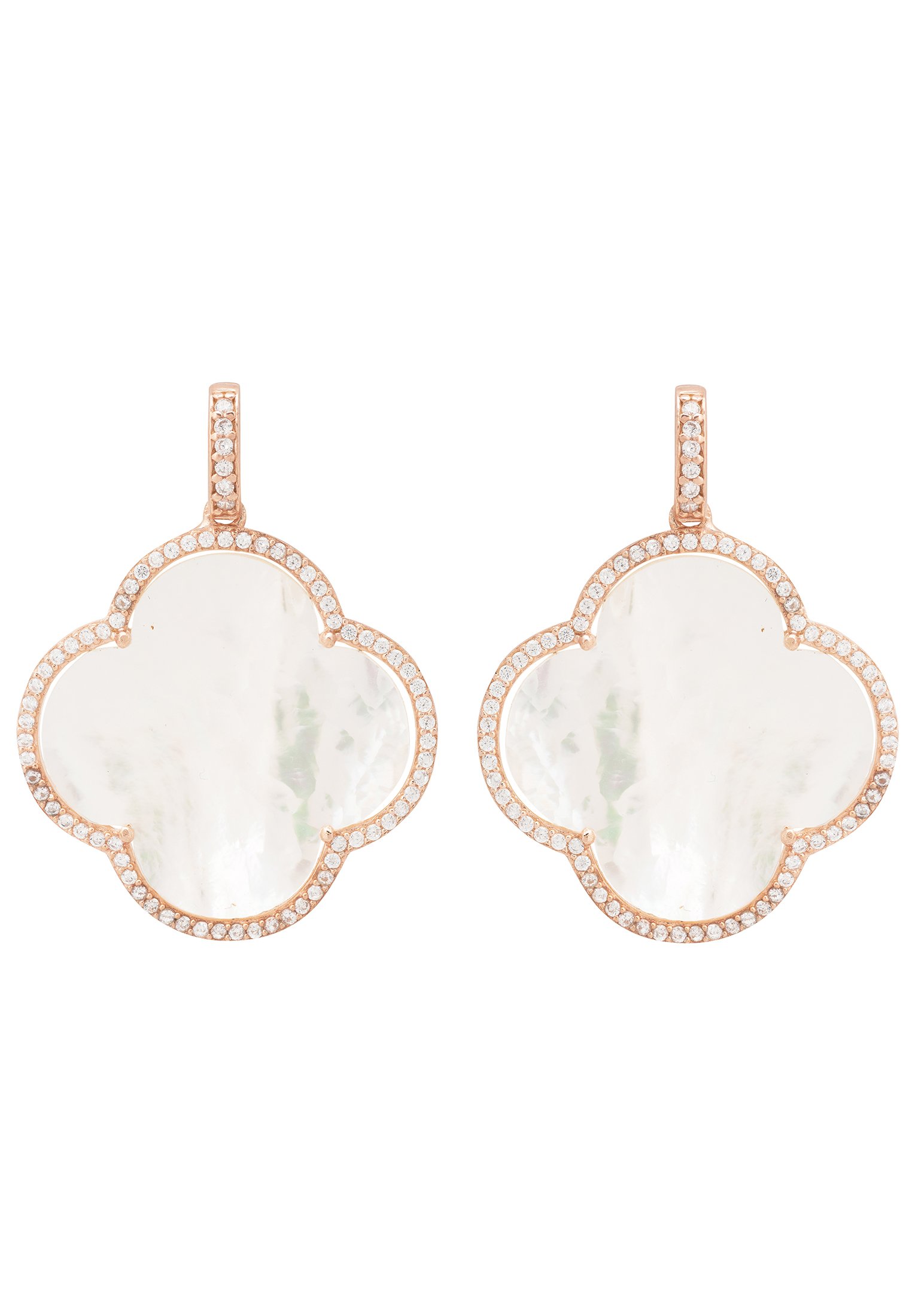 Open Clover Large Mother Of Pearl Gemstone Earrings in Rosegold, featuring a clover shape with sparkling accents and a luxurious finish.