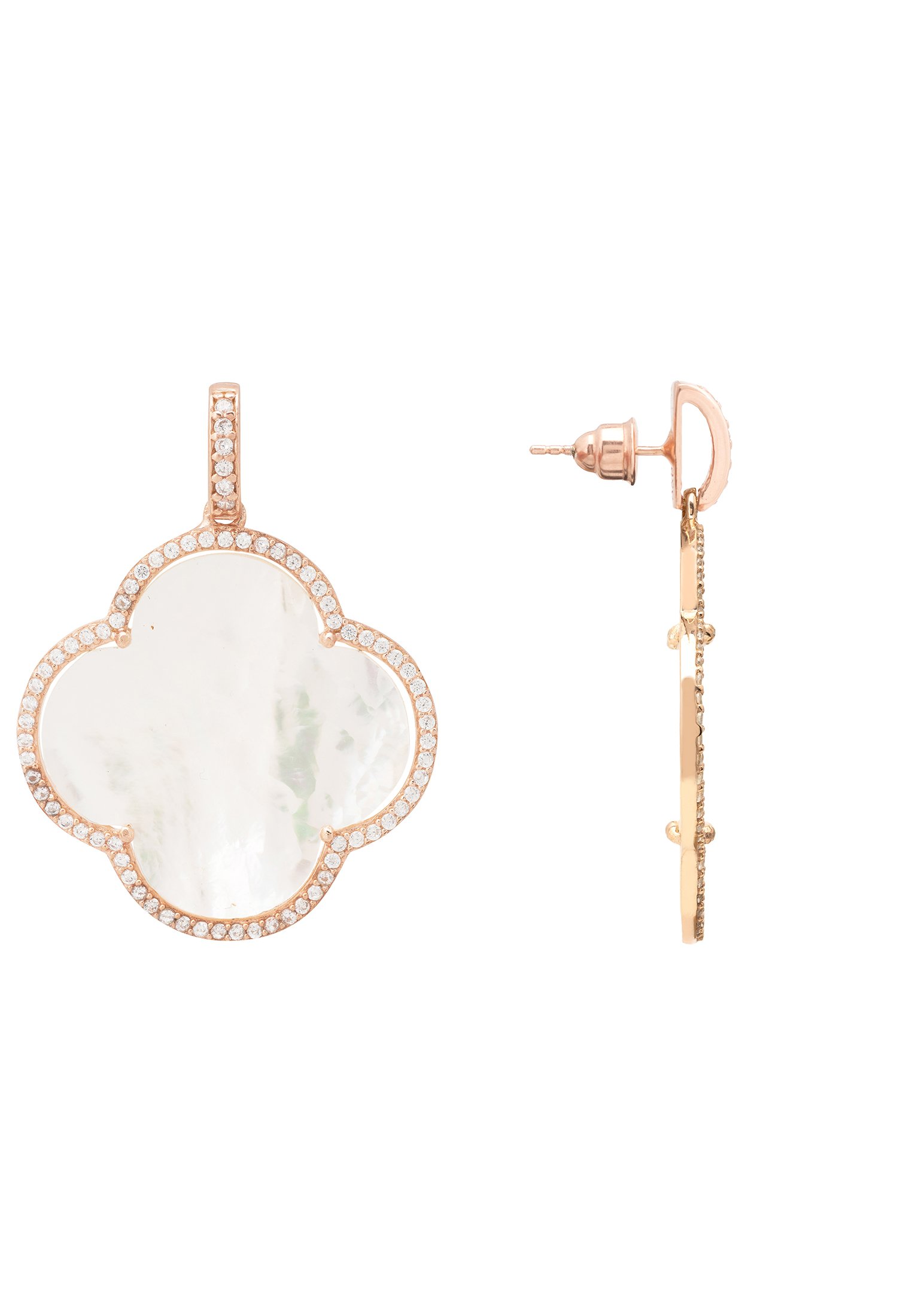 Open Clover Large Mother Of Pearl Gemstone Earrings in Rosegold, featuring a clover shape with sparkling accents and a luxurious finish.