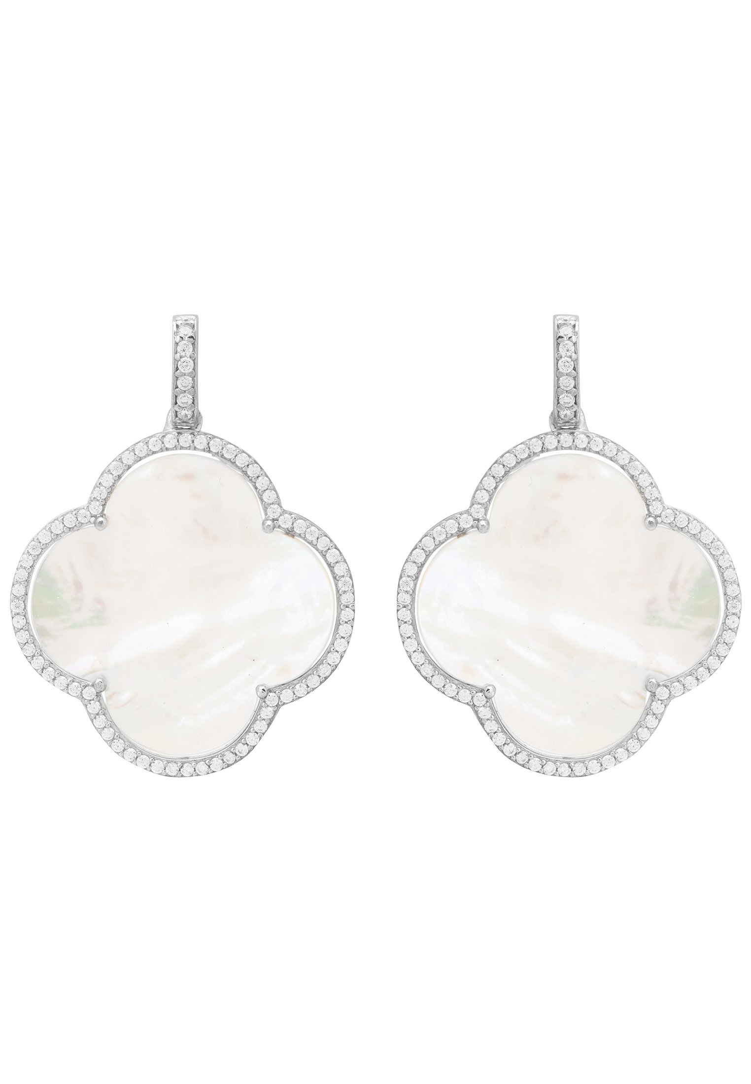 Open Clover Large Mother Of Pearl Gemstone Earrings in Silver, featuring a clover design with white mother of pearl and sparkling cubic zirconia.