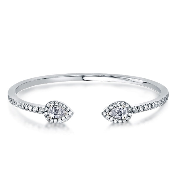 Elegant open cuff bangles made of 925 sterling silver with white gold finish and white sapphire stone.