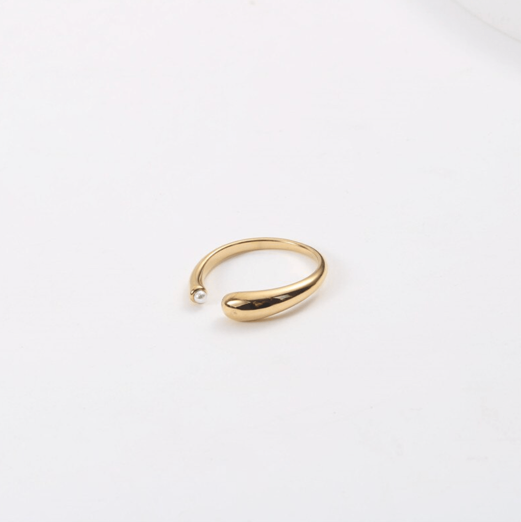 Open Gold Pearl Ring featuring a chunky asymmetrical waterdrop design with a white shell pearl, crafted from stainless steel with 18K gold plating.