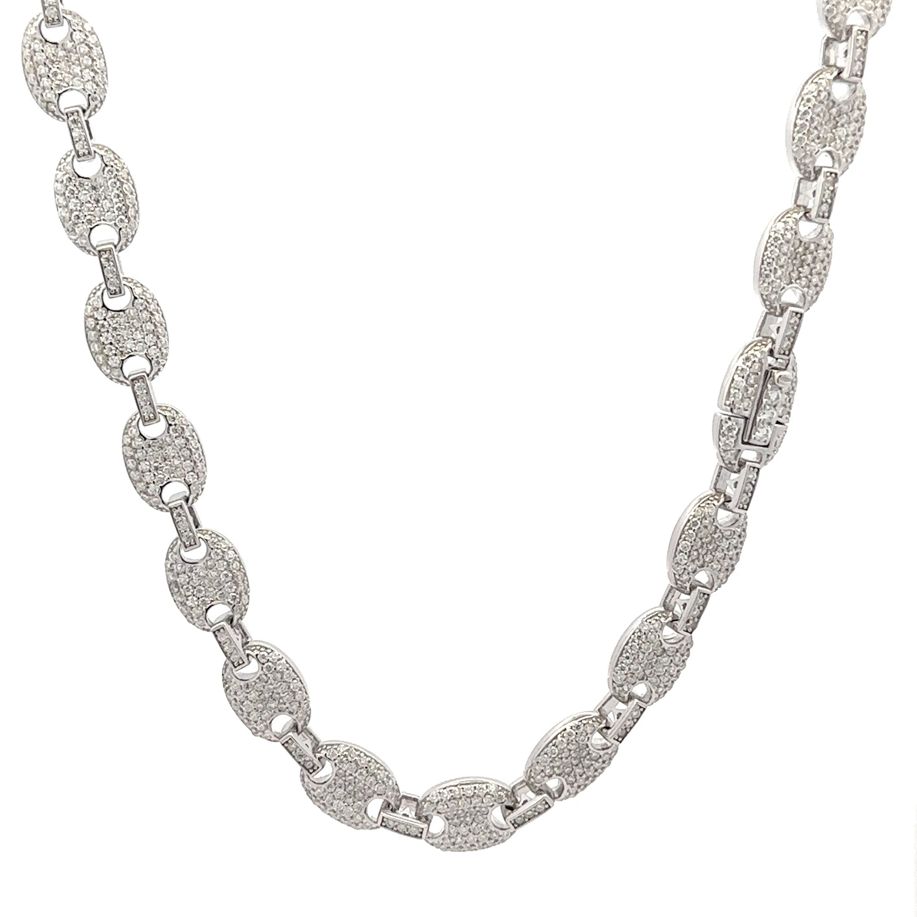 ORACULAR 4.63 CTW Rhodium Moissanite Iced Out Chain showcasing its brilliant shine and elegant design, perfect for any occasion.