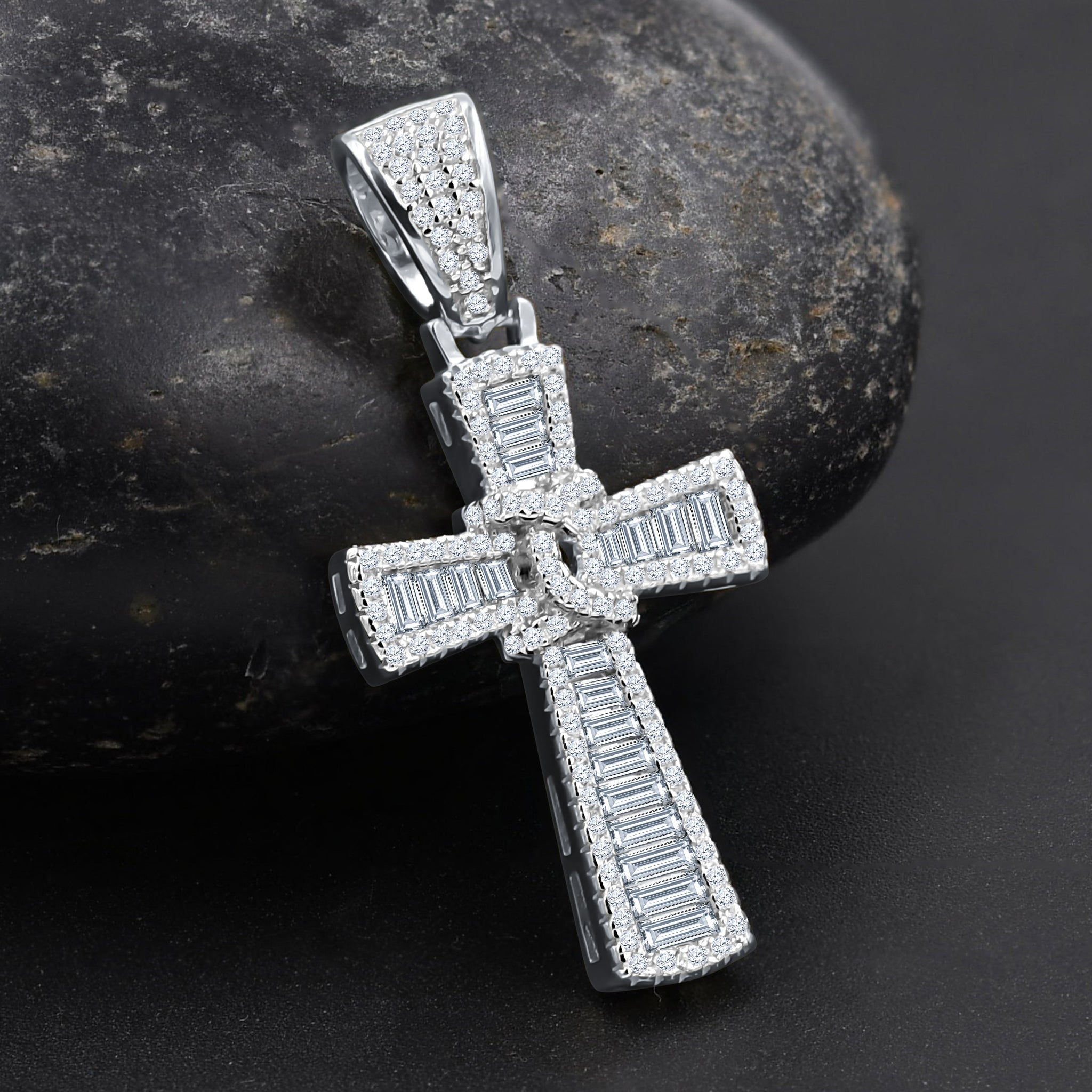 ORANDI Sterling Silver Pendant featuring a cross design embellished with cubic zircon stones, showcasing elegance and faith.