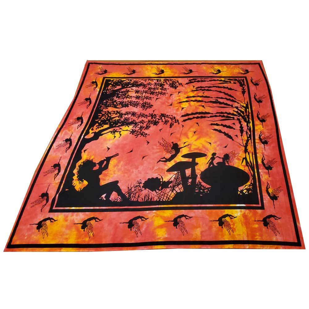 Orange Tie Dye Calling All Fairies Wall Tapestry featuring fairy silhouettes and vibrant colors, perfect for home decor.