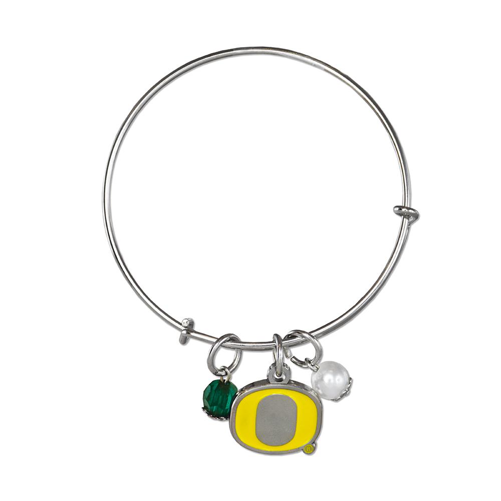 Oregon Bangle Bracelet featuring Ducks logo, green rhinestone, and white imitation pearl.