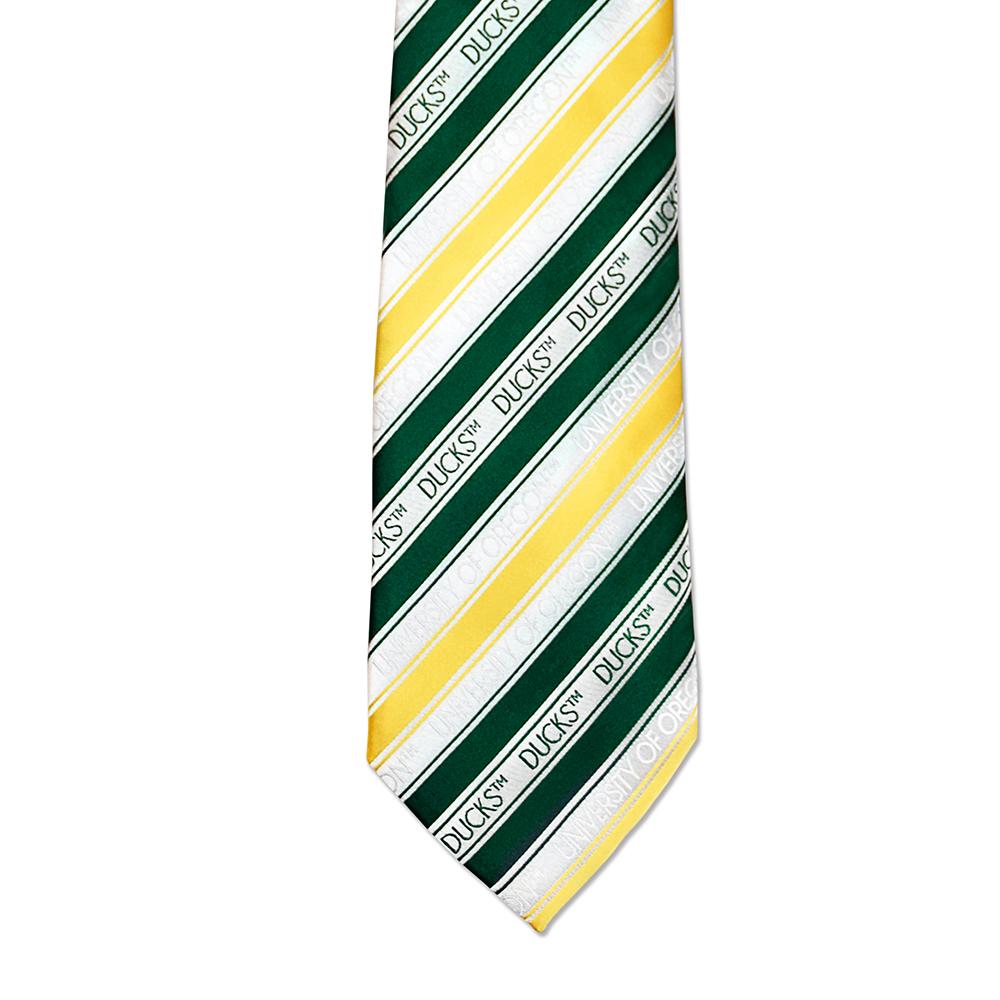 Oregon Ducks Men's Tie featuring trendy stripes in team colors, made from durable microfiber material.