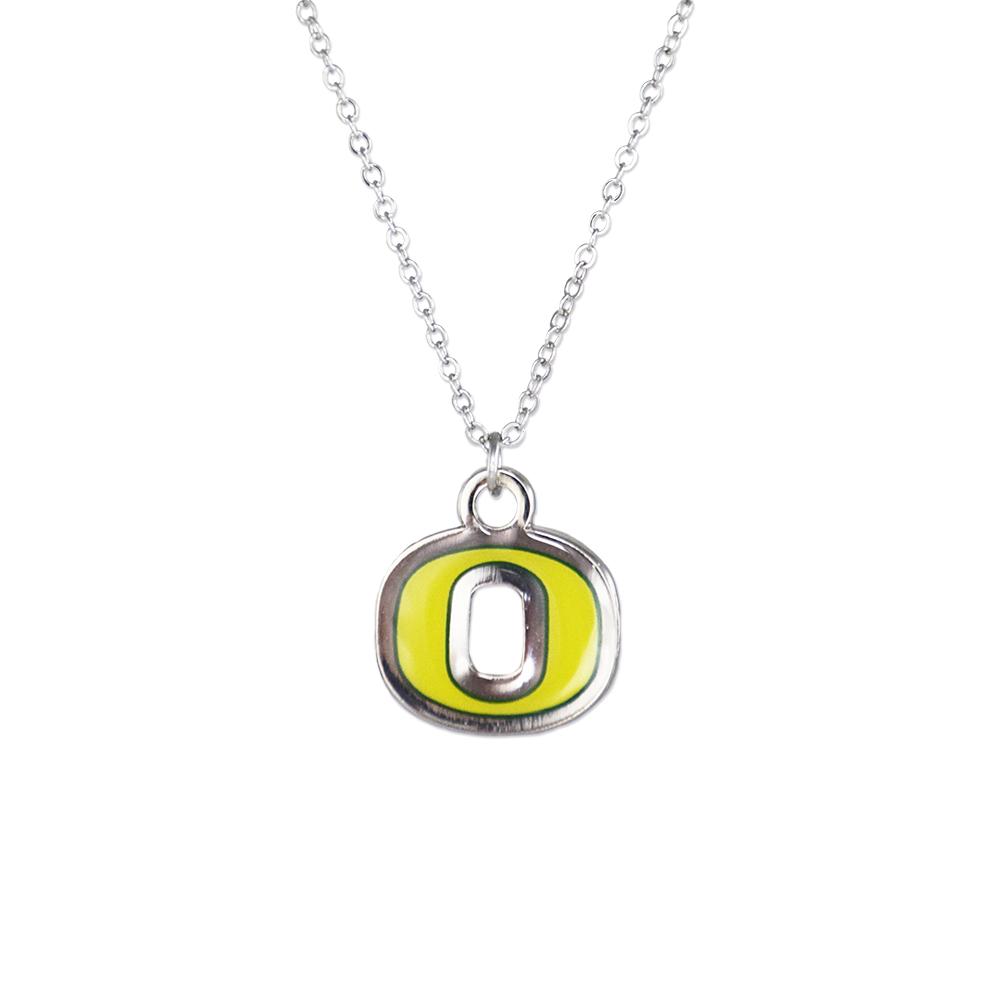 Oregon Ducks Pendant Necklace featuring the University of Oregon logo on a silver finish pendant with an adjustable chain.