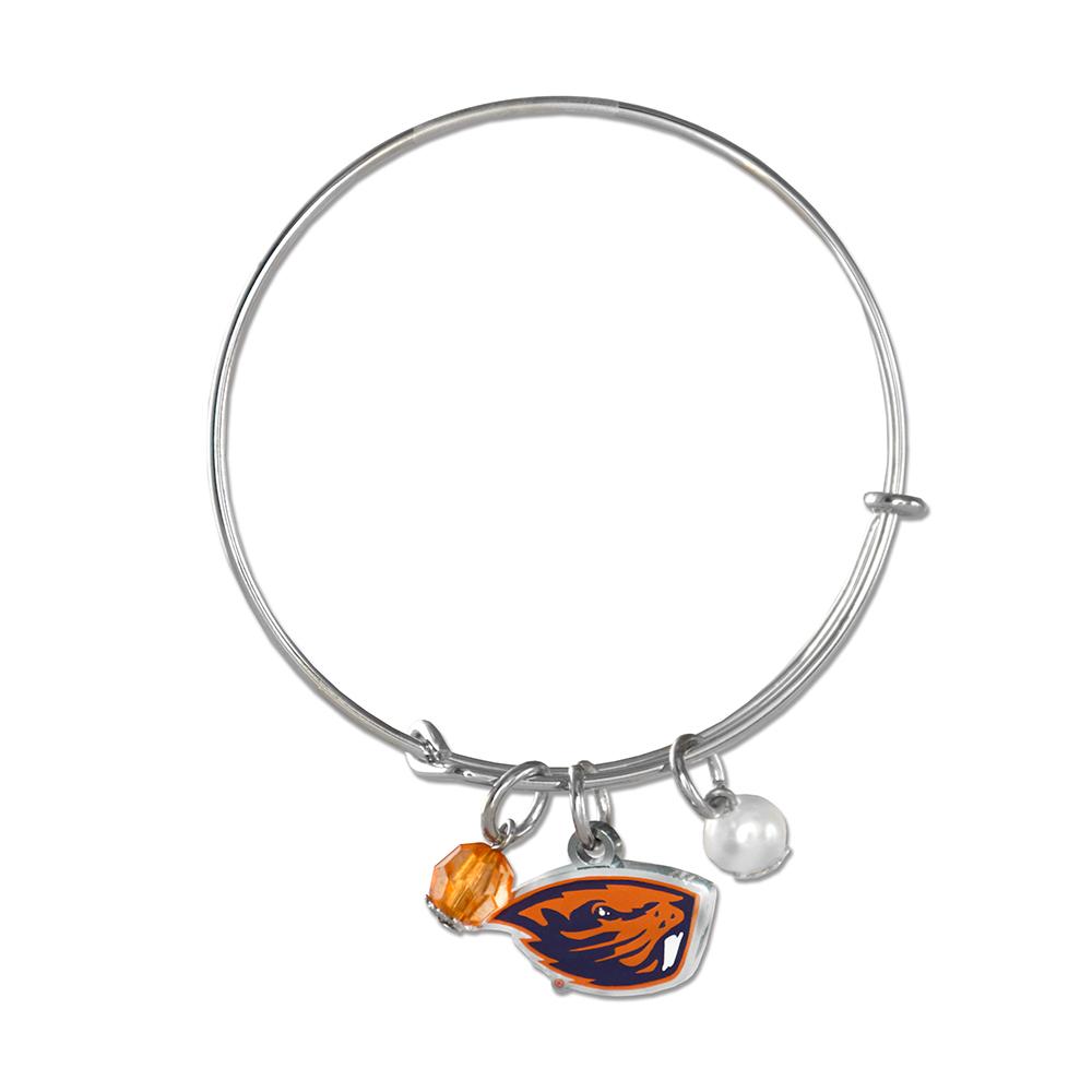 Oregon State University Bangle Bracelet featuring Beavers logo, rhinestone, and imitation pearl.