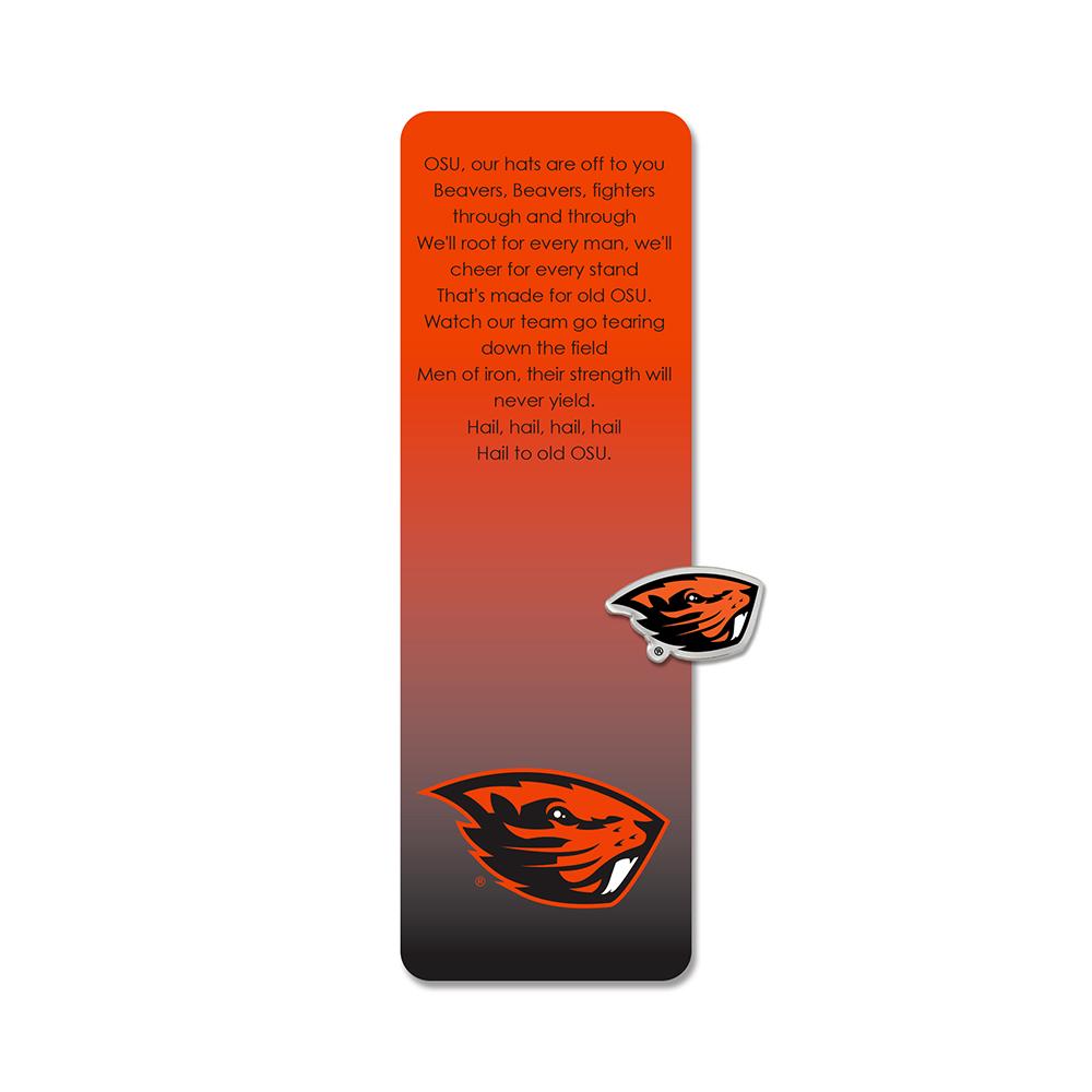 Oregon State University Bookmark and Pin featuring OSU logo and fight song, perfect for fans.