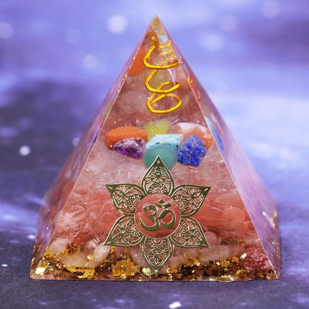 Clear Orgone Pyramid with Smelting Stone, featuring white quartz, copper, and gold foil, ideal for chakra balancing and energy cleansing.