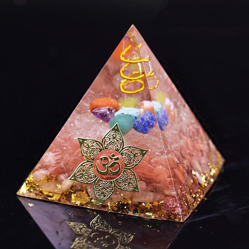 Clear Orgone Pyramid with Smelting Stone, featuring white quartz, copper, and gold foil, ideal for chakra balancing and energy cleansing.