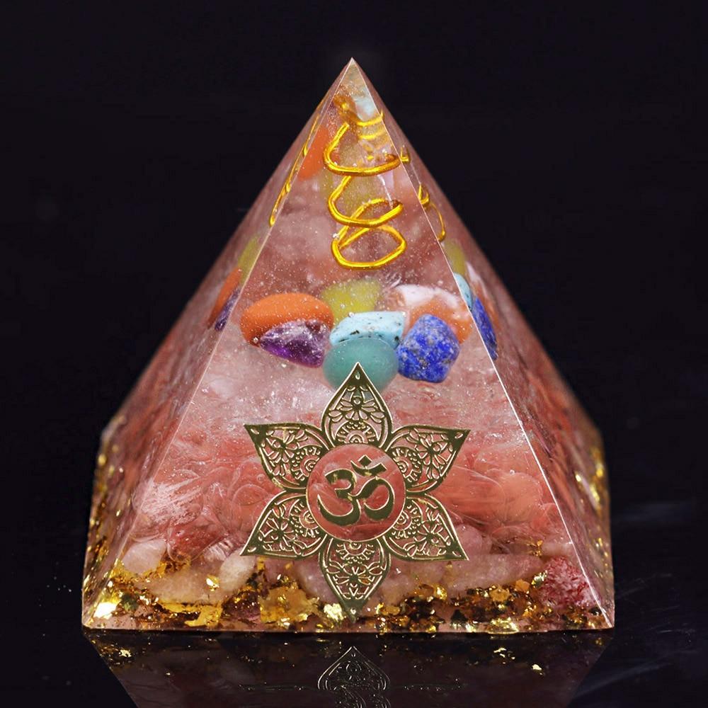 Clear Orgone Pyramid with Smelting Stone, featuring white quartz, copper, and gold foil, ideal for chakra balancing and energy cleansing.