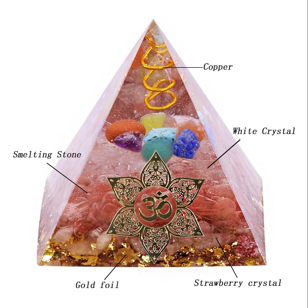 Clear Orgone Pyramid with Smelting Stone, featuring white quartz, copper, and gold foil, ideal for chakra balancing and energy cleansing.