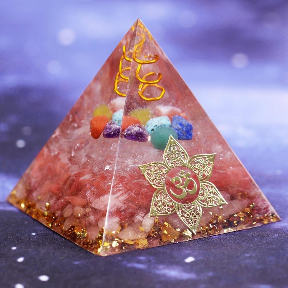 Clear Orgone Pyramid with Smelting Stone, featuring white quartz, copper, and gold foil, ideal for chakra balancing and energy cleansing.