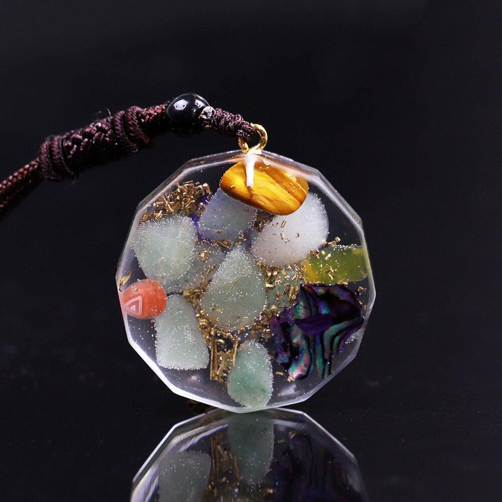 Orgonite Energy Pendant featuring natural Green Aventurine, crafted with geometric design and rope chain, ideal for chakra healing.