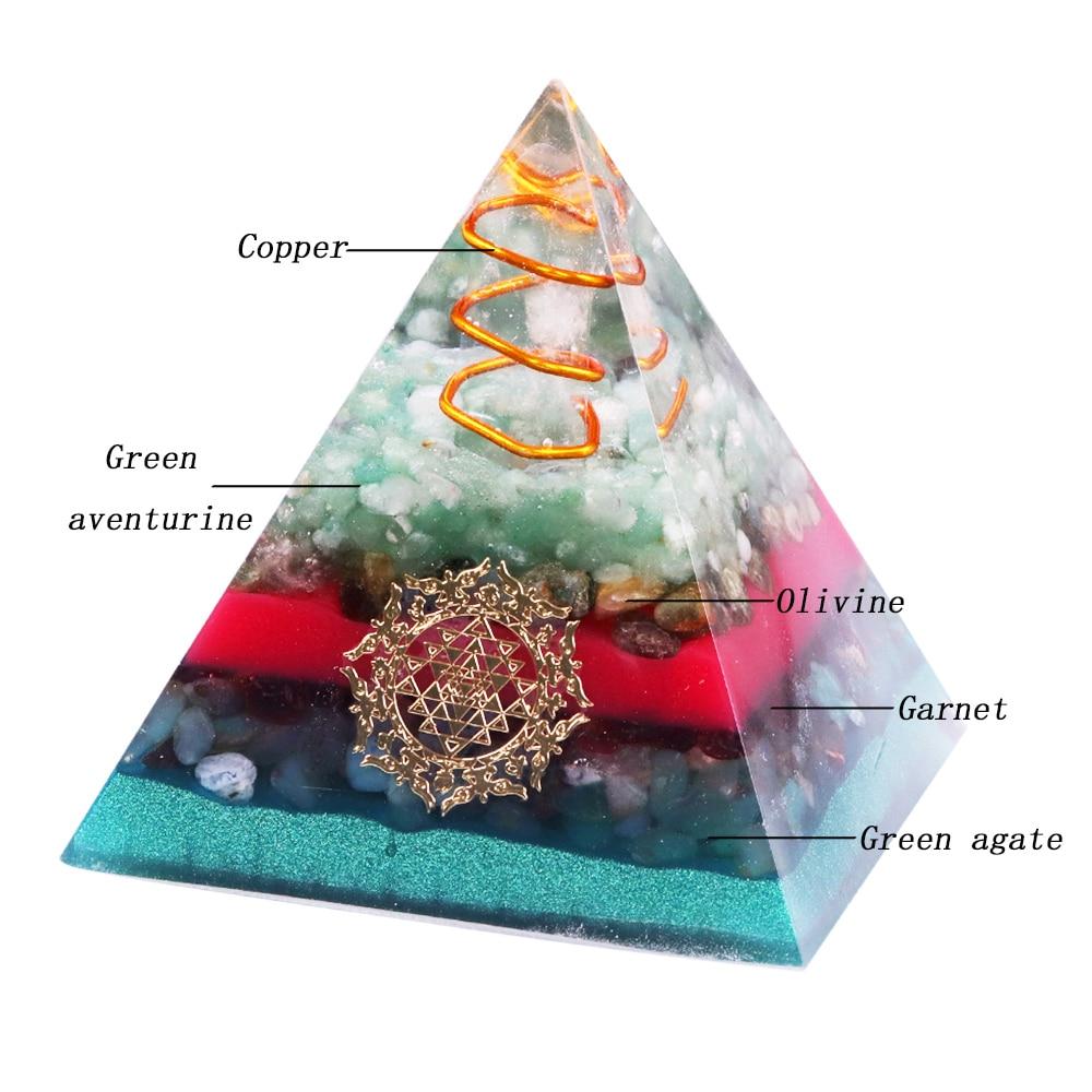 A handcrafted Orgonite Pyramid made from green aventurine, copper, olivine, green agate, and garnet, designed for chakra healing and energy conversion.