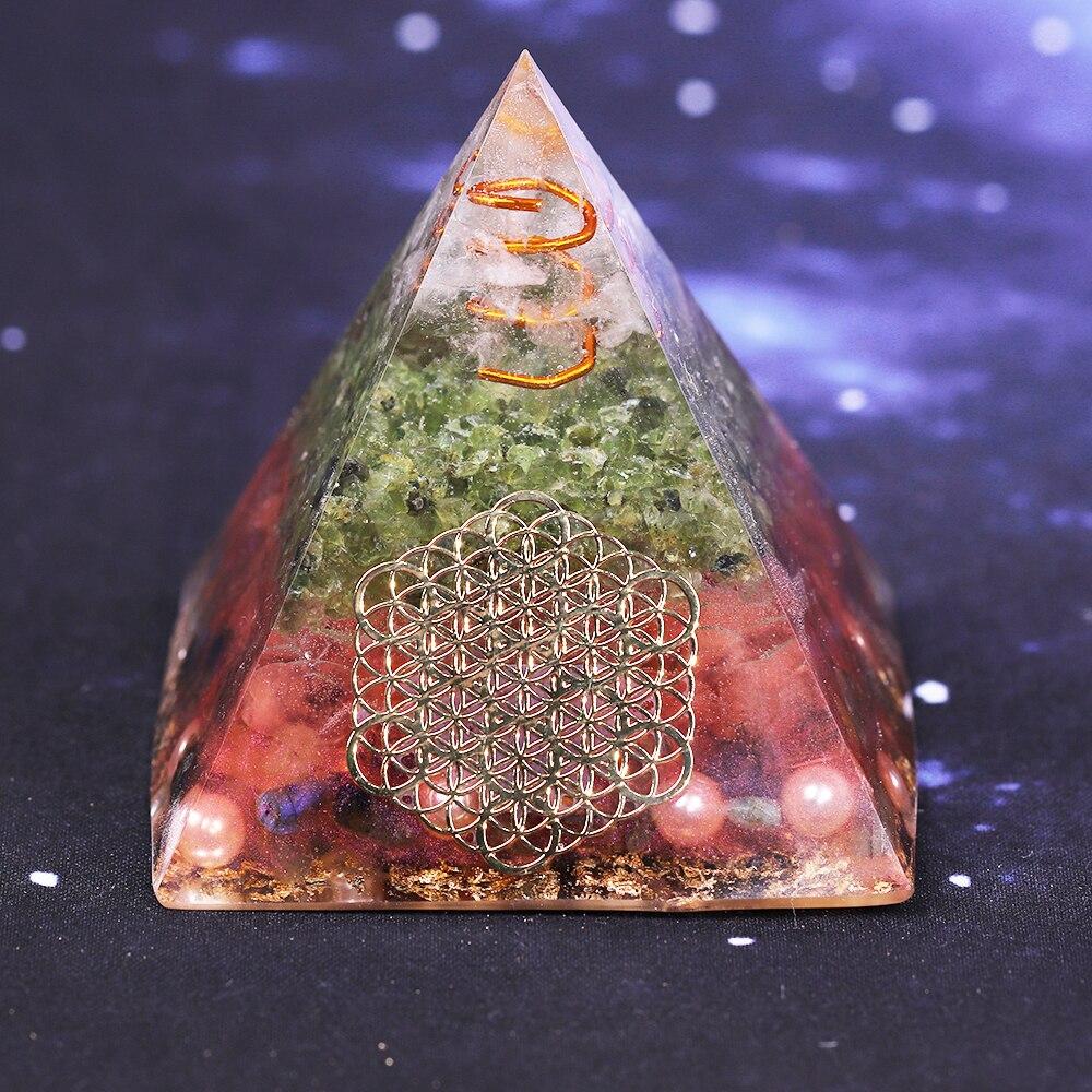 Handcrafted Orgonite Pyramid made of natural stones and metals, promoting love and positive energy, ideal for meditation and decoration.