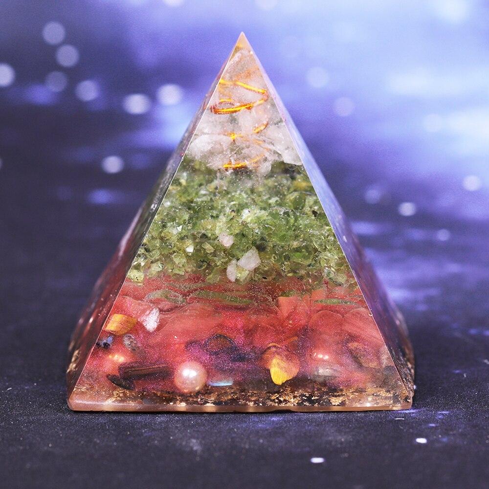 Handcrafted Orgonite Pyramid made of natural stones and metals, promoting love and positive energy, ideal for meditation and decoration.