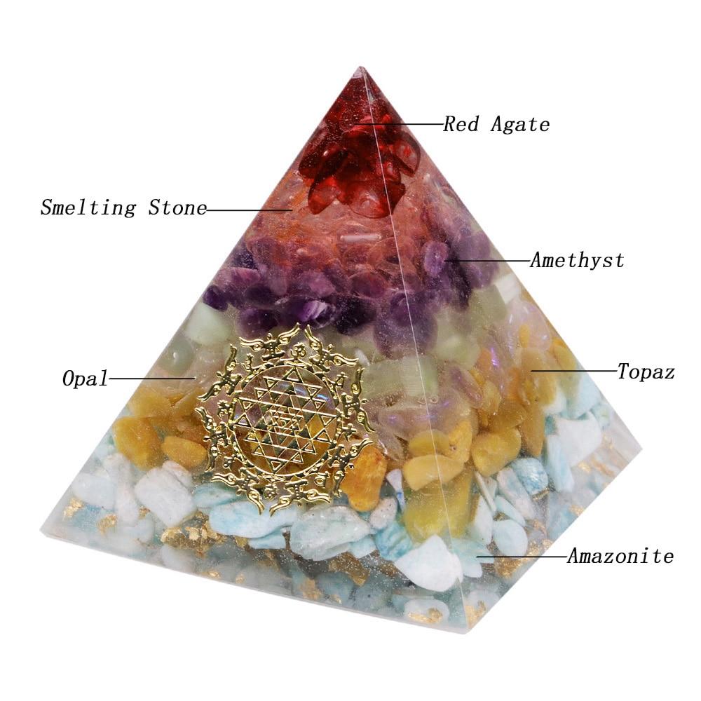 A beautifully crafted Orgonite Pyramid made from natural crystals including red agate, amethyst, and gold foil, featuring Metatron's Cube design.