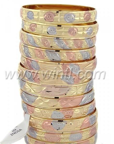 A dozen Oro Laminado Gold Filled Bangles 015 with diamond cut patterns, showcasing their elegant design and solid construction.