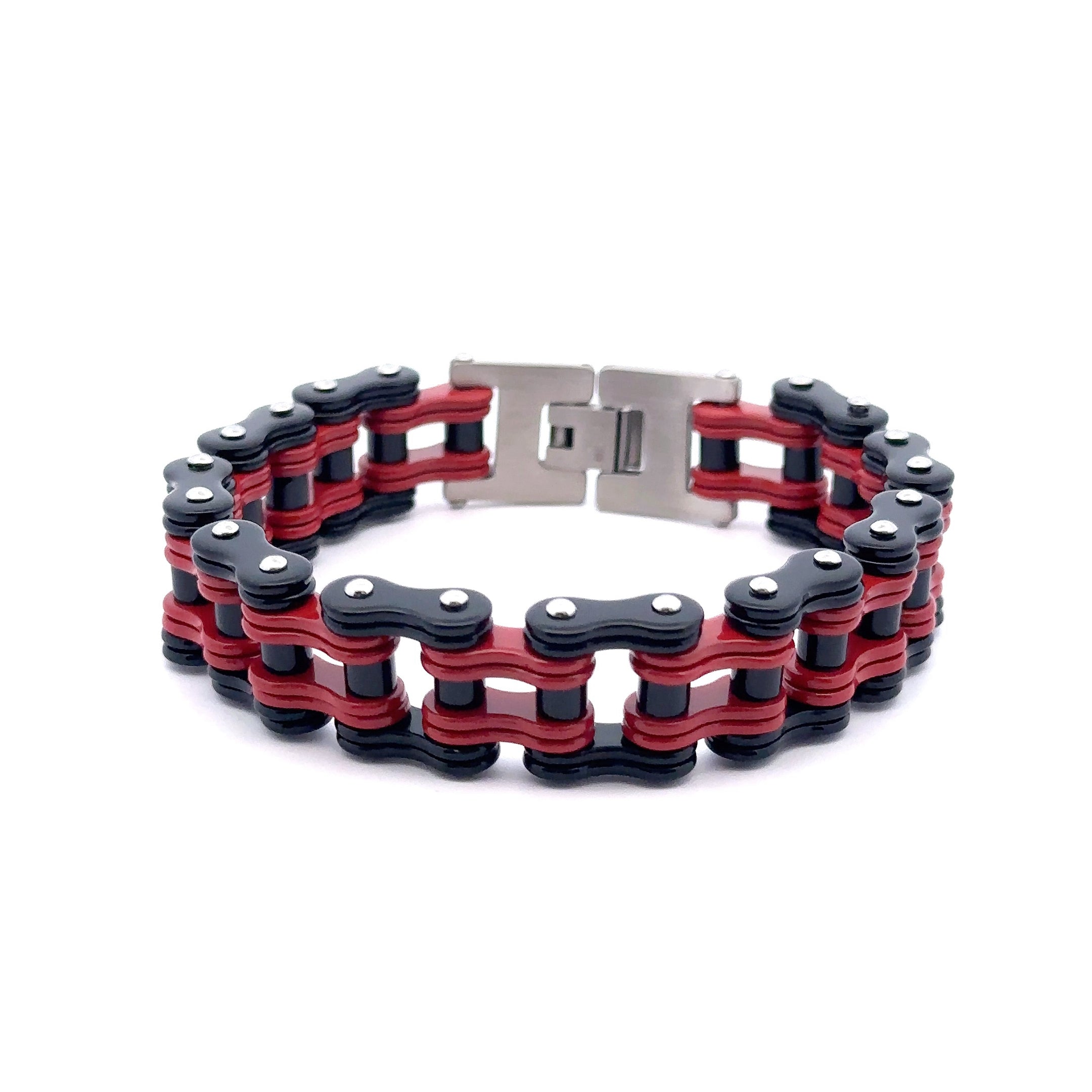 OSCURO Steel Red Black Iced Out Bracelet featuring a modern design with sparkling stones, perfect for enhancing any outfit.